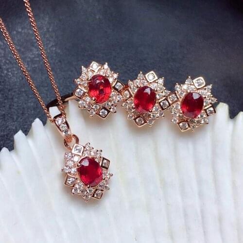 Simple Elegant Ruby Set Natural And Real Ruby Jewelry Set 925 Sterling Silver 1pc Ring,1pc Pendant,2pcs Earring