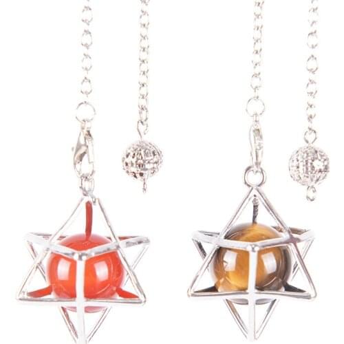 Reiki Natural Stone Merkaba Pendulum for Wicca Drowsing Hexagram Pendule Round Crystal Quartz Beads Pendants Jewelry D739-D754