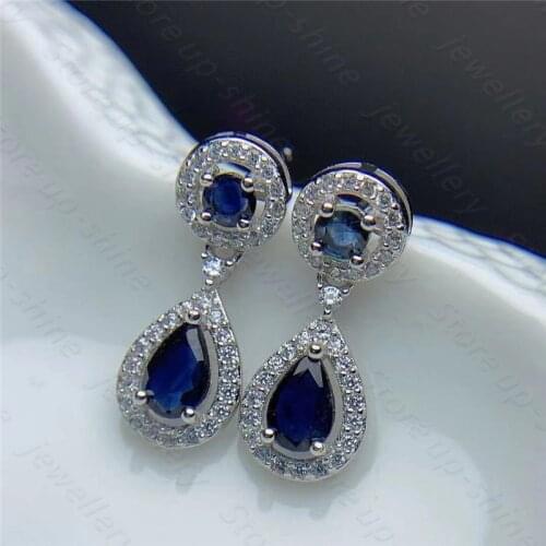 New 925 silver inlaid natural sapphire earrings, simple and elegant, gem size 3*3mm+4*6mm