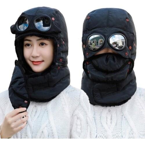 Doitbest Winter Bomber Hats Plush Earflap Russian Trapper Ushanka Glasses Men Women Pilot Faux Leather Fur Hat Snow Caps