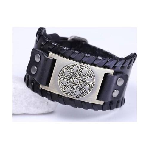 Slavic Brown Leather Bracelets for Men Star Anise Closed Round Charm Amulet Wide Braid Bracelet