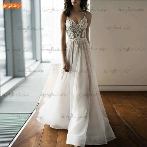 Bohemian Wedding Dress 2021 Boho Vestidos De Noiva A-Line Spaghetti Straps Robe De Mariage Lace Appliques Sweep Train Bride Gown