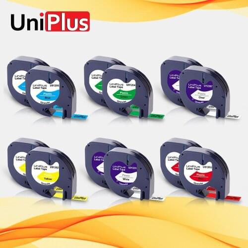 UniPlus 2PK 91331 91221 Label Tape 12mm Replace DYMO 91201 LT Label Maker Letratag QX-50 100H Black on White 12mm Plastic Ribbon
