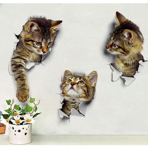 Cat Vivid 3D Smashed Switch Wall Sticker Bathroom Toilet Kicthen Decorative Decals Funny Animals Decor Poster PVC Mural Art