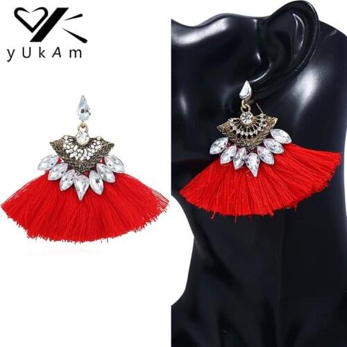 YUKAM Bohemia Ethnic Crystal Red Cotton Tassel Fan Earrings Fringe Sector Drop Earring for Women Vintage Tassle Earrings Jewelry