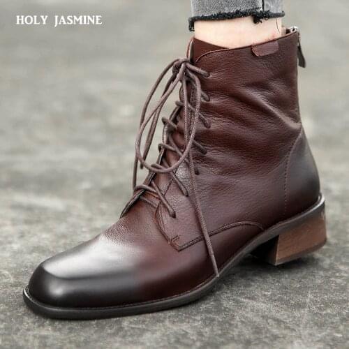 Women Ankle Boots Genuine Cow Leather Lace-Up Square Toe Top Quality Autumn Winter Ladies Shoes Handmade 2020 Autumn Winter New