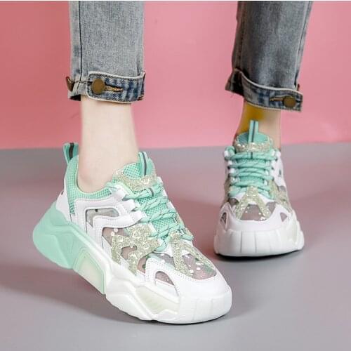 Chunky Sneakers Women Shoes New Autumn Thick Bottom High Heels Platform Shoes Woman Lace Up Breathable Air Mesh Casual Shoes