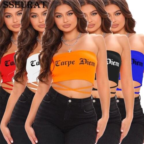 SSEURAT Women Sexy Strapless Bandeau Bra Letter Print Wrapped Chest Tube Top Bustier Clubwear 2021