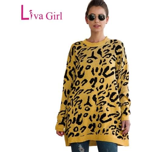 LIVA GIRL Plus Size Leopard Print Knitted Sweater Women 2019 Winter Autumn Casual Loose O-Neck Long Pullover Female Sweaters XXL