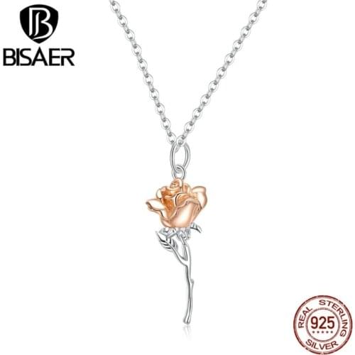 BISAER Graceful Rose Necklace 925 Sterling Silver Eternal Flower Chain Link For Female Jewelry 45cm Adjustable Necklace EFN190