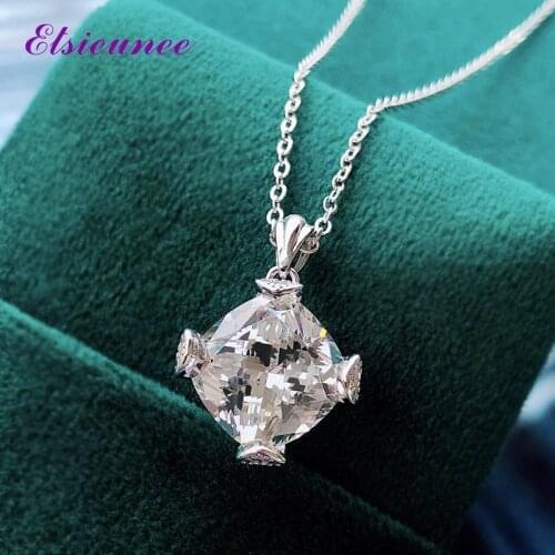 ELSIEUNEE 100% 925 Sterling Silver Princess Cut 11ct Simulated Moissanite Diamond Pendant Necklaces Women Wedding Fine Jewelry