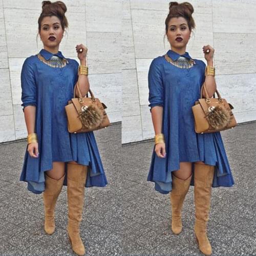 2019 Newest Hot Fashion Vintage Blue Asymmetry Sexy Women Loose Long Sleeve Denim Dress Casual Jeans Elegant Dress