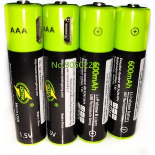 ZNTER 4PCS Mirco USB AAA Rechargeable Battery 1.5V 600mAh Lithium Ion Battery Toy Remote Control Battery Lithium Polymer Battery