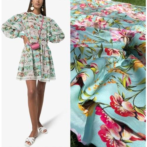 110cm wide brand 12mm silk crepe de chine Mulberry green flower silk haute couture skirt printed garment fabric