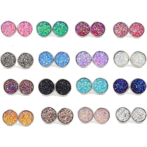 16 Pair Lot Wholesale Lots of Kinds Mini Iridescent Druzy Stone Resin Stud Earrings Geometric Round Disk Deco Jewelry