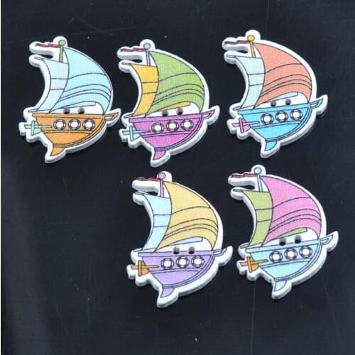 50pcs/lot Muticolor Wooden Buttons Good Luck Sailing ship Boat 2 Holes Sewing Handmade Scrapbooking Craft Decoration MT0806