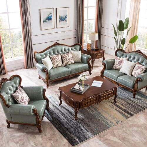 American Leather Sofa All Solid Wood Small Apartment Sofa Combination European Style Light Luxury Simple Carved Furniture