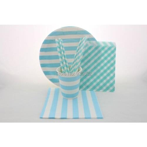 Free Shipping 256pcs Party tableware combo Blue or Pink Striped Paper straws cups plates bags napkins Party Tableware Sets