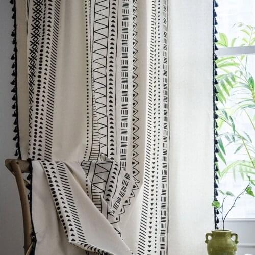 Black Geometric Boho Curtain For Bedroom Living room Cotton Linen Printed Decorative Curtains with Tassel Home Decoration
