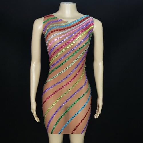 Colorful Stones Mesh Sexy Rainbow Dress Birthday Celebrate Sleeveless Stage Costume Outfit Singer Dancer mini Dress