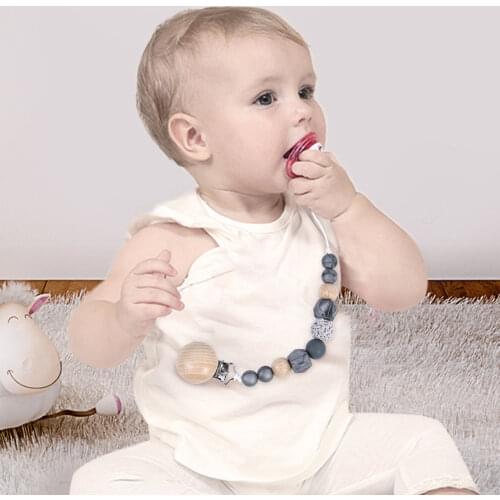 Baby Pacifier Clips Silicone Beads Wooden Ring Pacifier Chain Safe Soother Clips Holder Toddler Dummy Teether Leash Chewing