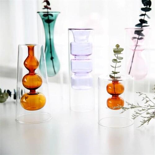 Nordic Double-Layer Color Glass Vase Desktop Hydroponic Flower Vase Ornament Home Decoration Birthday Wedding Gift