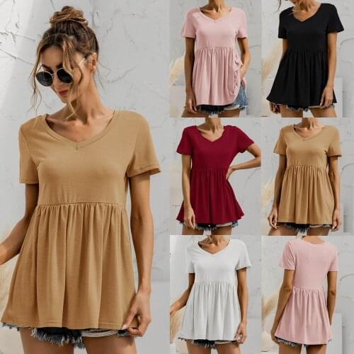 Summer Women T-Shirts V-Neck Classic Solid Color Short Sleeve Elegant Fashion Female Blouse Casual