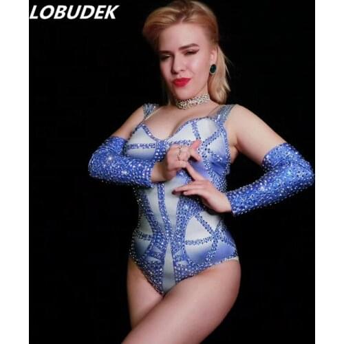 Nightclub Women Performance Blue Rhinestones Bodysuit Cuff Stage Wear Sexy Elastic Crystal Leotard Bodysuits Singer DJ Costume