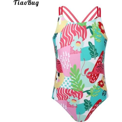 Summer Kids Girls One-Piece Colorful Painting Print Criss Cross Spaghetti Straps Jumpsuit Bodysuit Beach Swimwear Bathing Suits