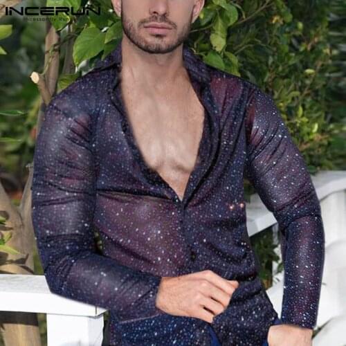 Men Shirt Lapel Long Sleeve Button Party Nightclub Shiny Men Clothing 2021 Mesh Transparent Streetwear Sexy Camisa INCERUN S-5XL