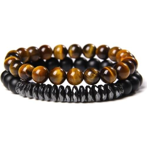 Men Bracelets 2 Layers Chain Stretch Bracelet Natural Tiger Eye Stone Beads Bangle Women Handmade Jewelry Faceted Hematite Charm
