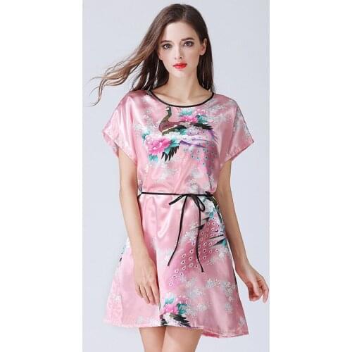 Lady Nightwear Silk Satin Robe Nightdress Mujer Bathrobe Sleepwear Home Cloth Nightgown Female Feminino SlashNeck Dress B-5353
