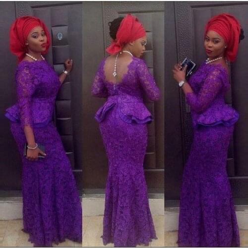 New Aso Ebi Trendy Prom Dresses Long Sleeves Purple Mermaid Lace Appliques With Ruffles Bateau Neck Blush Formal Dinner Gowns