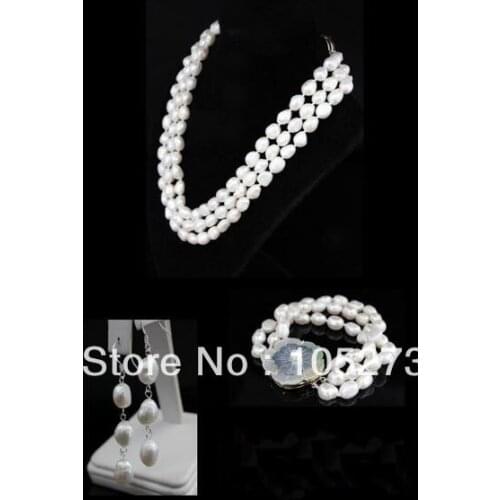 New Arriver Pearl Jewelry Set Elegant Real White Rice Baroque Freshwater Pearl Necklace Bracelet Earrings 7-9mm Free Shipping