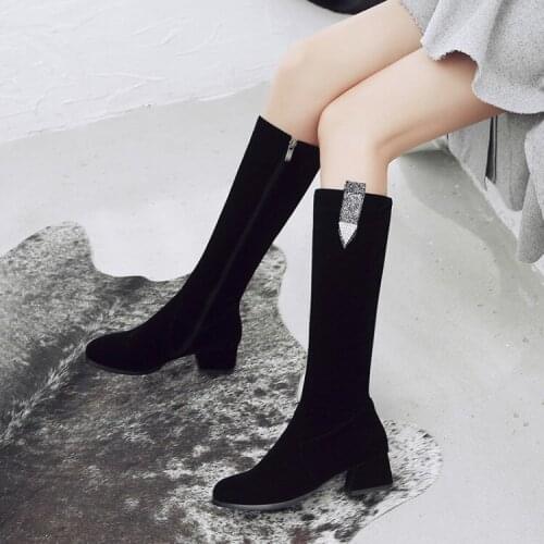 Oversized Round-headed pure-color zipper water drill thick-heeled boots