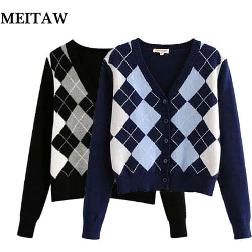 Autumn Women Knitted Sweater Vintage Geometric Rhombic Cardigan 2021 Casual Long Sleeve V-Neck Elegant Outerwear Tops