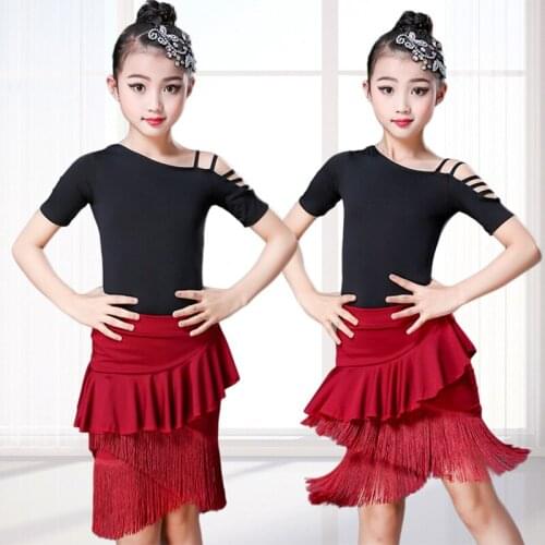 Children Latin Dance Dress for Girl Shoulder Out Latin Dance For Girls Tassel Fringe Dresses Performance Practice Dancing Suit