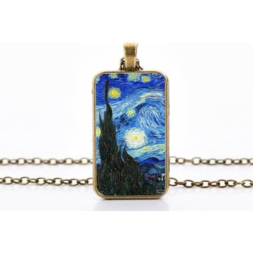 Retro Van Gogh Painting Necklace Rectangle Shape Glass Dome Cabochon Pendants Antique Gold Chain Necklaces Vintage Jewelry