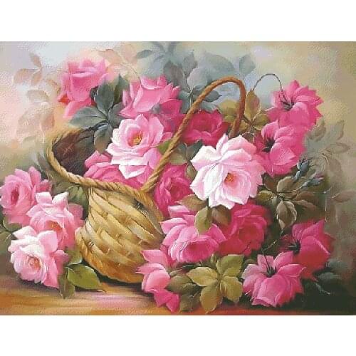 Pink rose in the basket the cross stitch package cartoon cloth cotton thread embroidery DIY handmade needlework