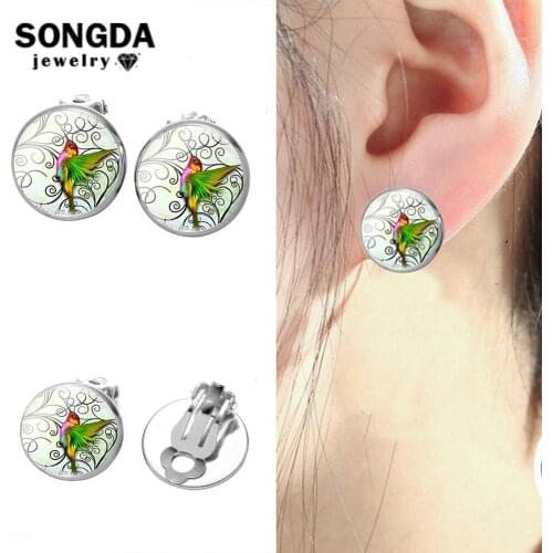 SONGDA Flowers And Birds Fake Ear Piercing Ear Clip For Women Small Round Glass Photo Earrings No Hole Girls Kids New Year Gifts