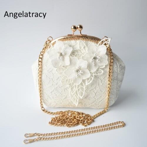 Angelatracy Handmade Bag Lace 3D Wedding White Flowers Crossbody Bag Sweet Mini Lady Purse Floral Lolita Pearl Beads Embroidery