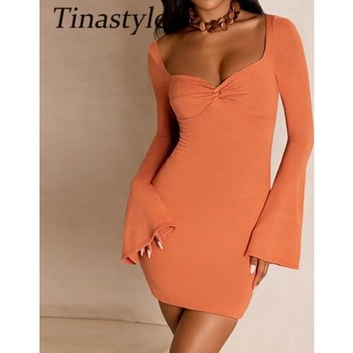 Tinastyle Elegant Flare Sleeve Sexy Dress Women 2021 New Autumn Sundresses V Neck Bodycon Mini Dress Y2K Vestidos Casual Dresses