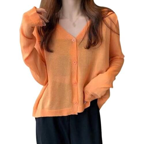 Thin Cardigan Tshirt Womens Spring New Lazy Style Loose Top V-neck Long-sleeved Tee Shirt Tops