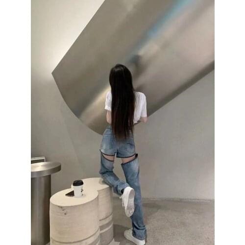 UVRCOS Traf Jean Summer Women Y2K Clothes Removable zipper Hollow Trend Straight Cylinder Type Sexy Hot Streetwear Jean Femme