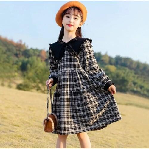 Spring Dress for Girls Big Bow Dresses Casual Plaid Dress Girls Autumn Long Sleeve Pleated Dress Children Kids Dresses Vestidos
