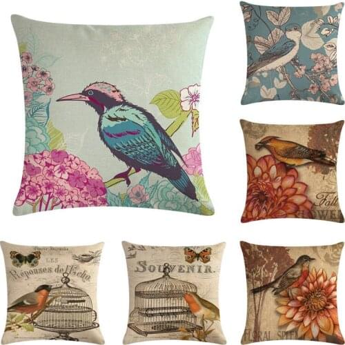 Vintage Flowers Pillow Cover Bird Cushion Cover Linen Cotton Throw Pillow Cover Cute Bird Home Decor 45x45cm Pillowcase