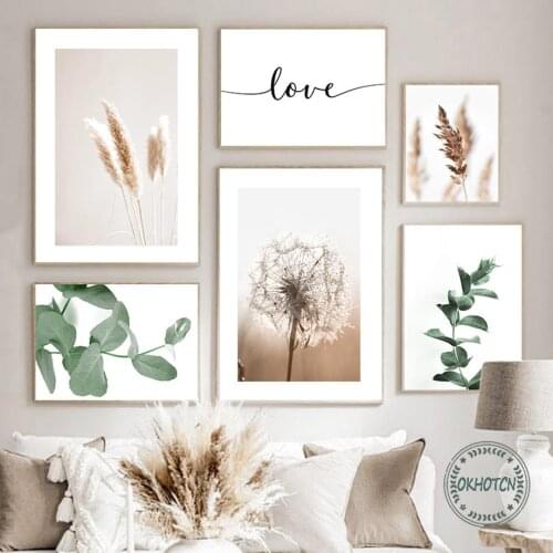 Green Agave Leaf Beige Dandelion Earhead Reed Canvas Painting Nordic Love Quotes Posters and Prints Wall Art Pictures Decor Gift