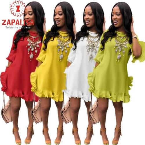 Women Summer A-Lien Dress Patchwork Design Zipper Ruffles Decor O-Neck Butterfly Sleeve Mid Waist Casual Necklace Print Dress