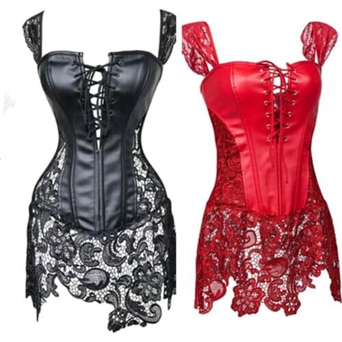 6XL Women Sexy Faux Leather Corset Black Lace Burlesque Steampunk Corset Dress Club Gothic Bustier Lingerie Espartilho Plus Size