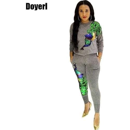 Peacock Sequin Tracksuit Women Sweat Suit 2 Piece Set Fashion Sweatshirts and Elastic Waist Pants Pocket Womens Set Winter Suit
